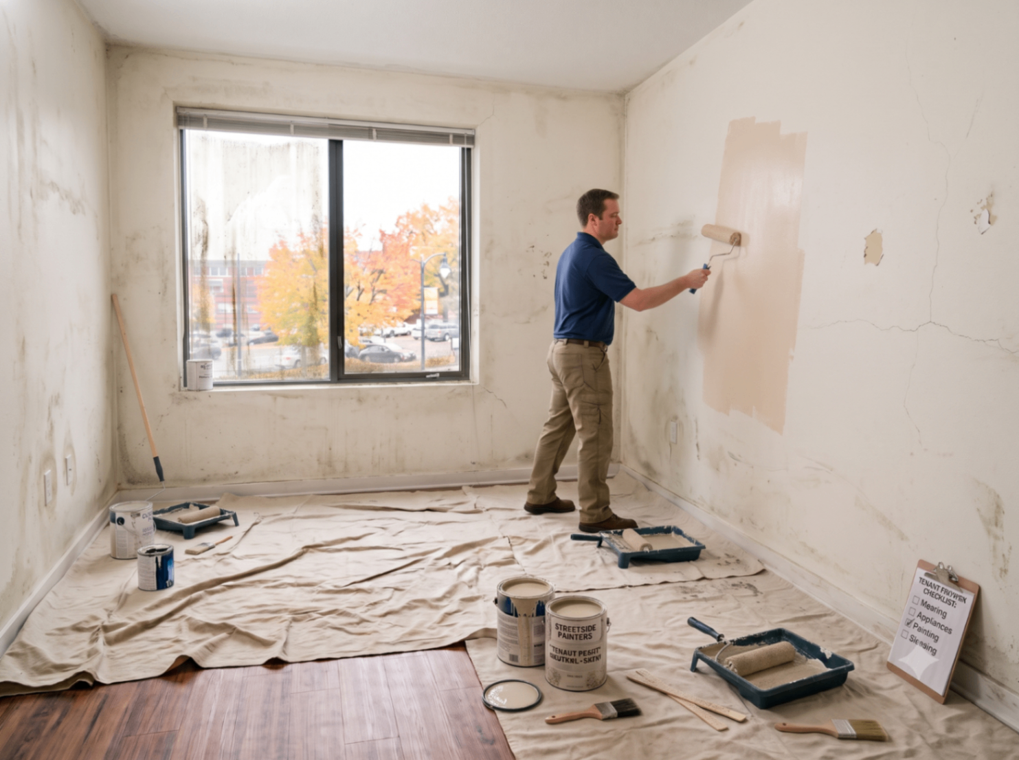 Painter restoring a St. Louis rental unit to rent-ready condition after eviction