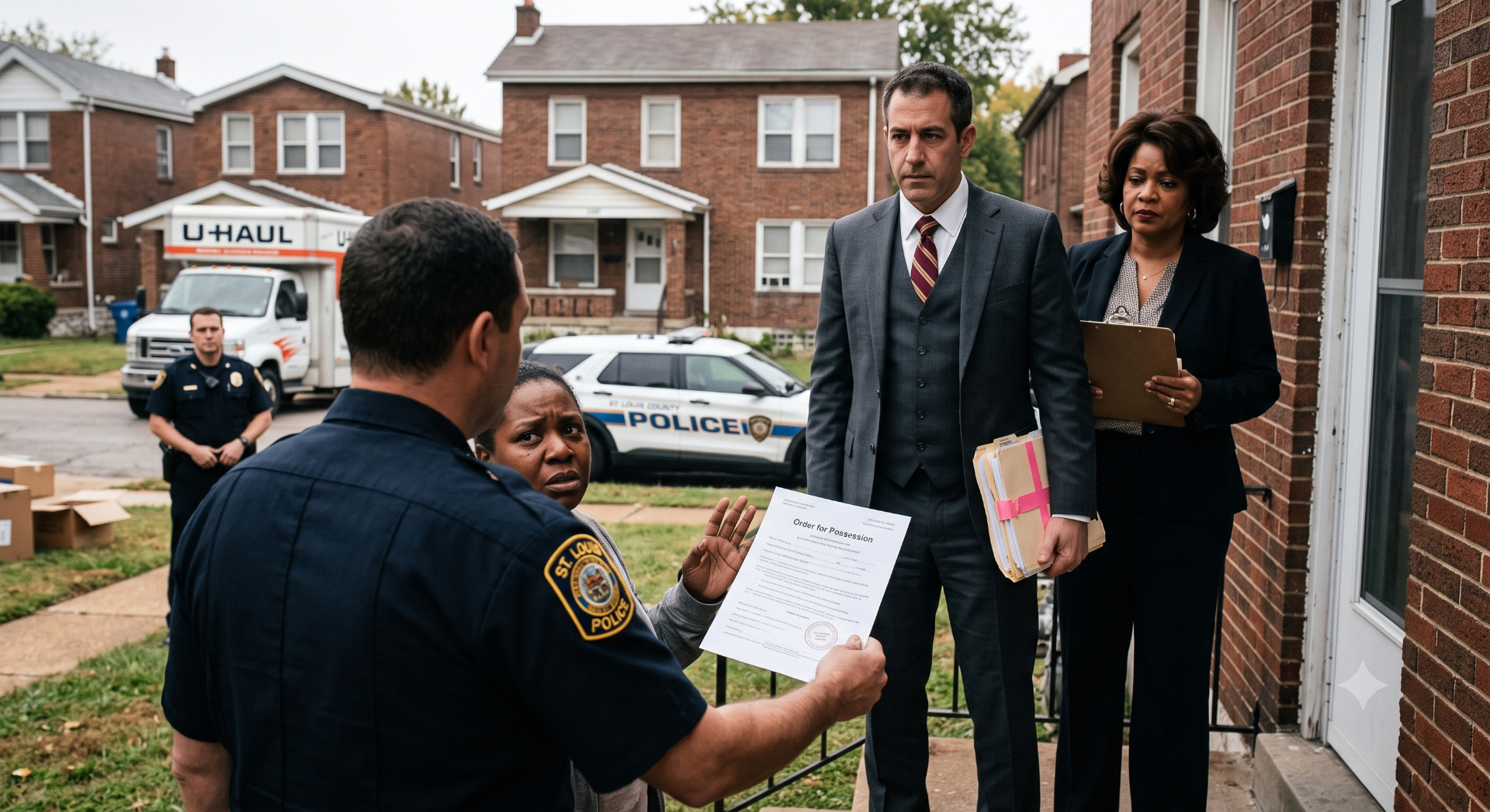 St. Louis County sheriff serving an Order for Possession at a rental property